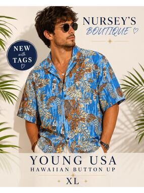 Young USA XL Hawaiian Shirt Volcano Ale Beer Pineapple Tropical Rayon NWT